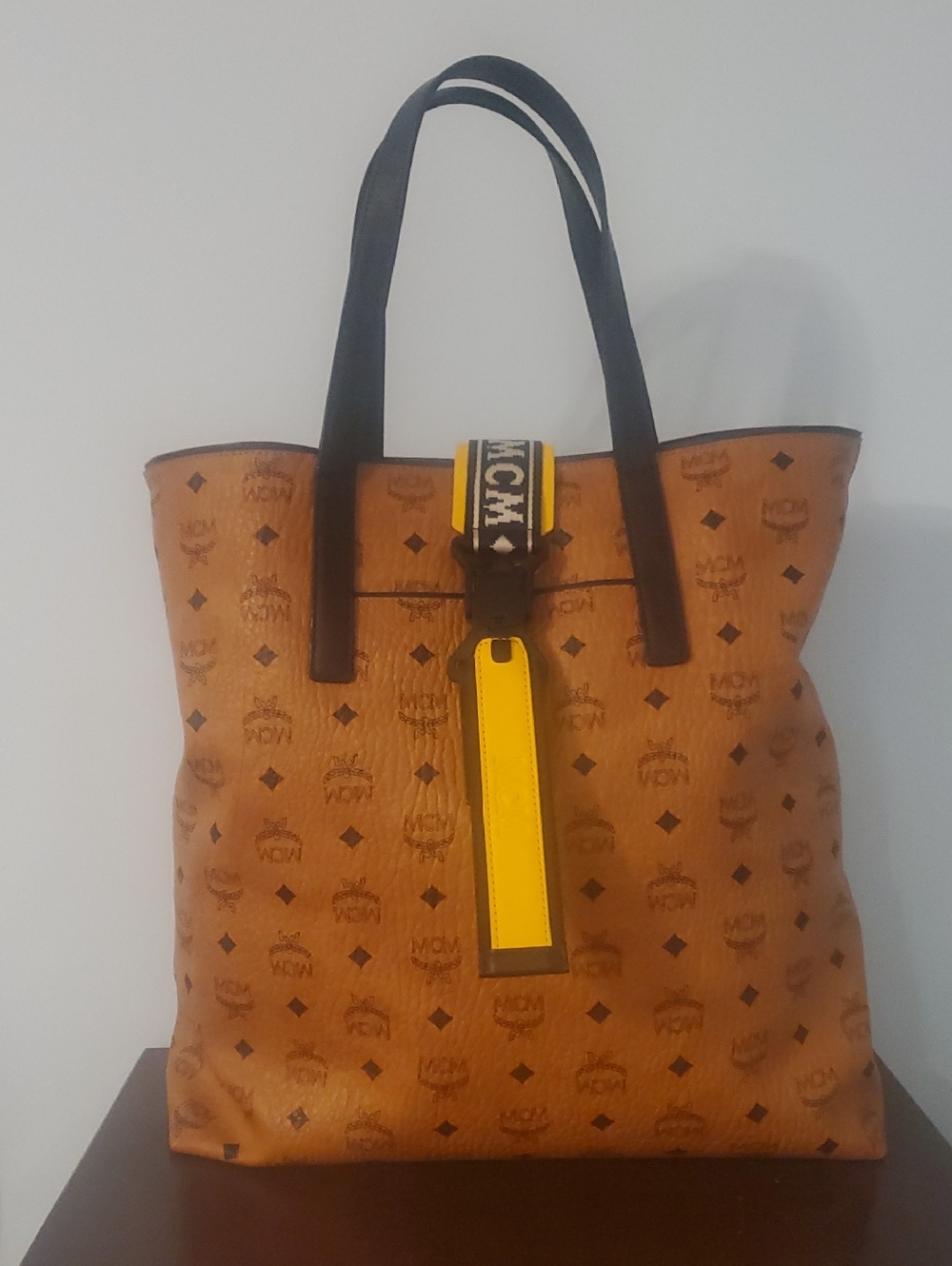 MCM Cognac Monogram Tote with Yellow Tag and Black Straps